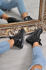 Black Metallic and Shimmer Effect High Top Lace Up Trainers - Dessie-Trainers