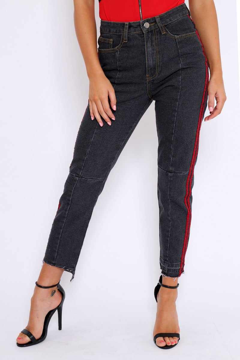 Black Mid Wash Seam Red Side Stripe Mom Jeans - Meili-Jeans