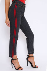Black Mid Wash Seam Red Side Stripe Mom Jeans - Meili-Jeans