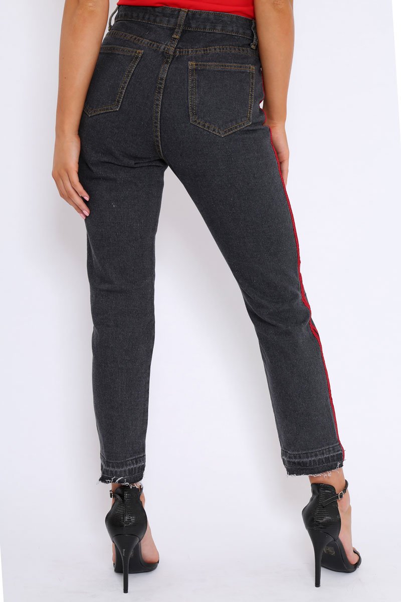 Black Mid Wash Seam Red Side Stripe Mom Jeans - Meili-Jeans