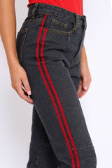 Black Mid Wash Seam Red Side Stripe Mom Jeans - Meili-Jeans