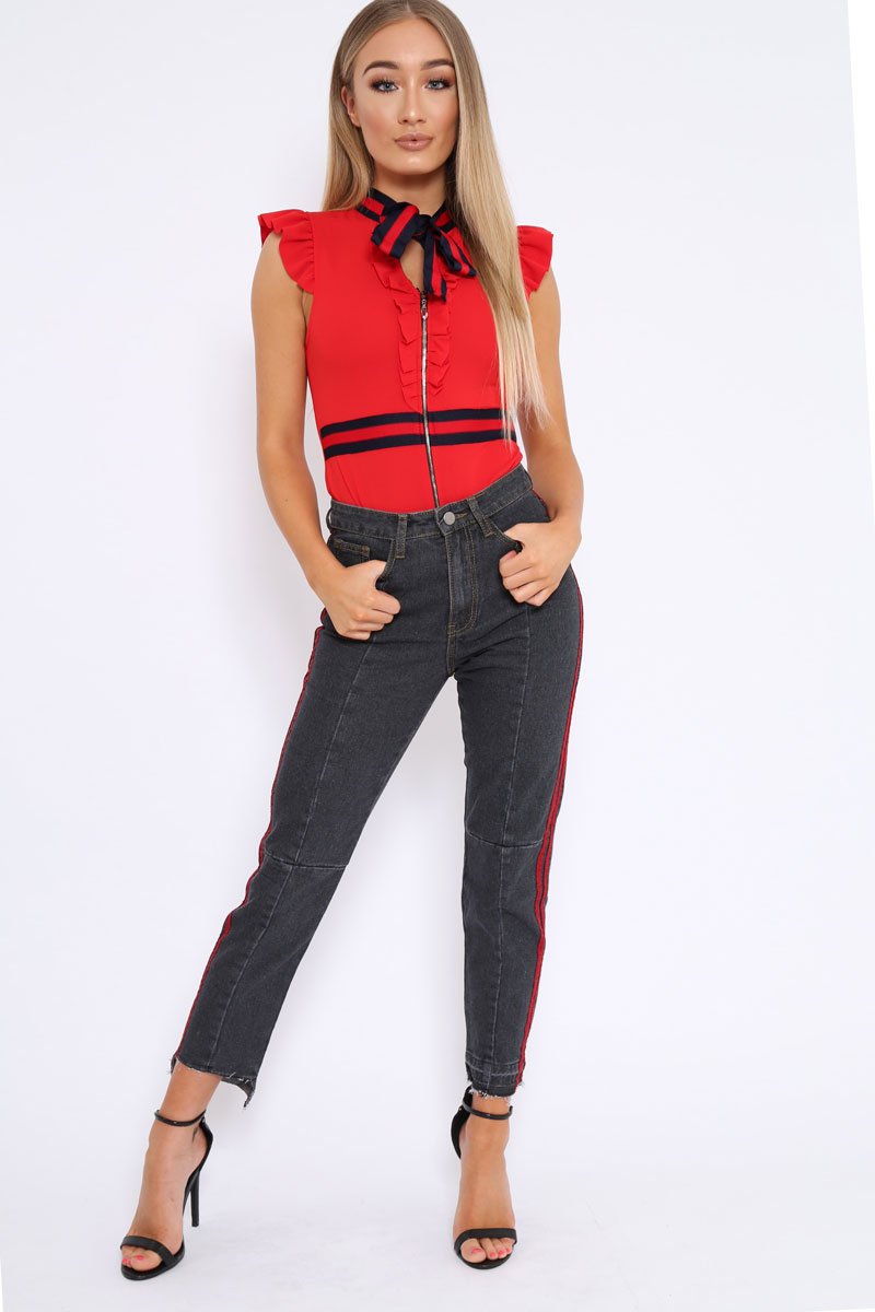 Black Mid Wash Seam Red Side Stripe Mom Jeans - Meili-Jeans