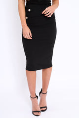 Black Midi Bodycon Skirt with Button Detailing - Yasmina-Skirts