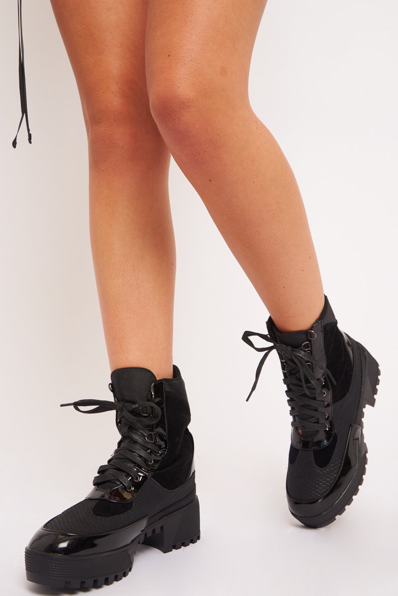 Black Military Style Lace Up Boots - Inari-Boots