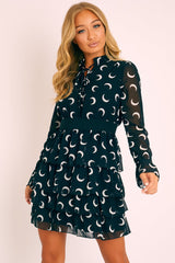 Black Moon Print High Neck Smock Dress - Lella-Dresses
