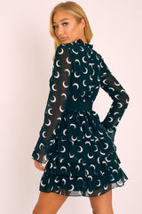 Black Moon Print High Neck Smock Dress - Lella-Dresses