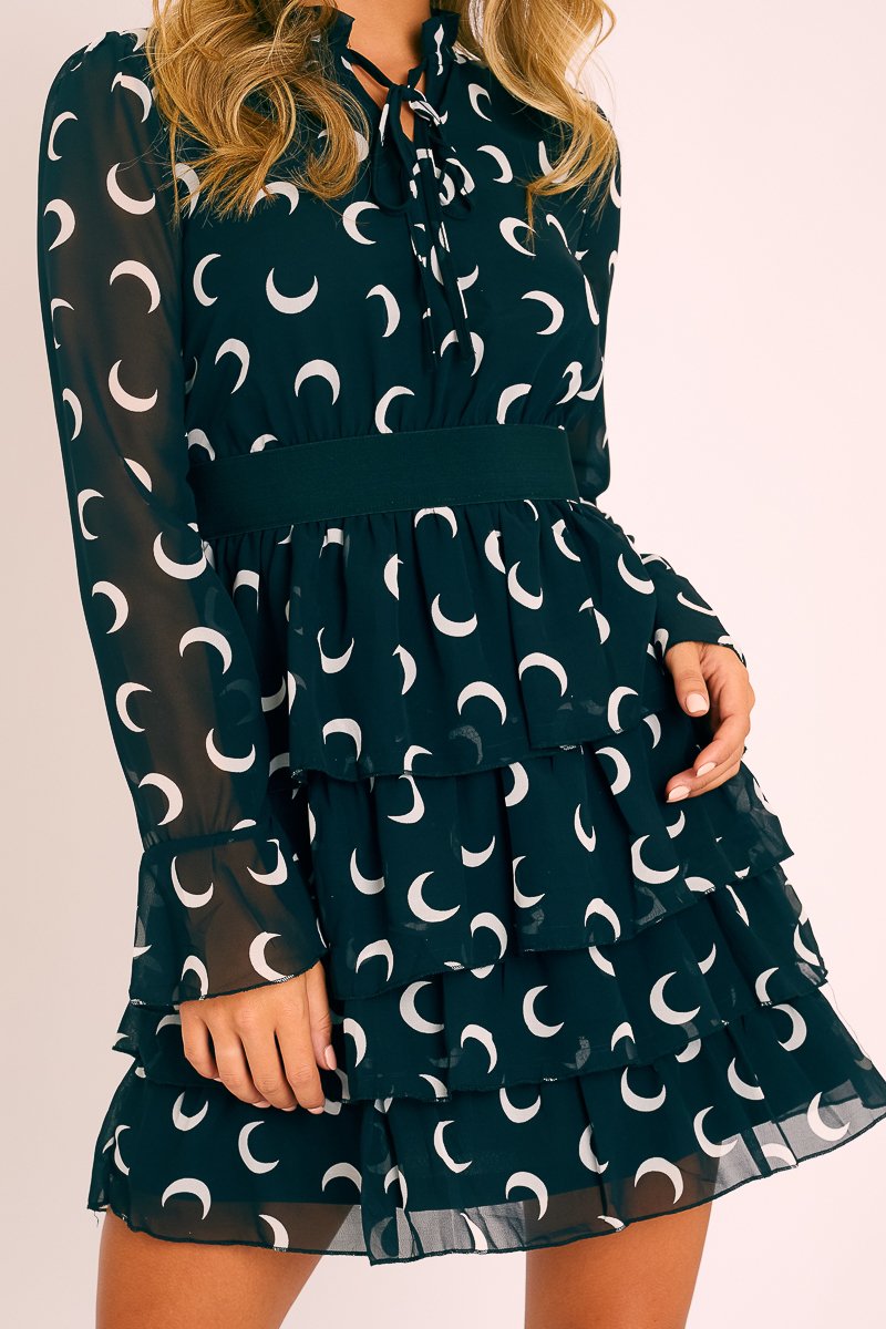 Black Moon Print High Neck Smock Dress - Lella-Dresses