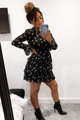 Black Moon Print High Neck Smock Dress - Lella-Dresses