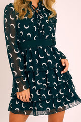 Black Moon Print High Neck Smock Dress - Lella-Dresses
