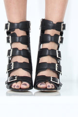 Black Multi Buckle Block Heel - Claire-Heels