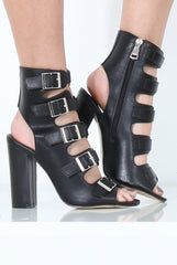 Black Multi Buckle Block Heel - Claire-Heels