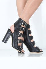 Black Multi Buckle Block Heel - Claire-Heels