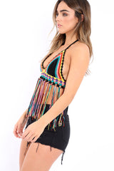 Black Multi Coloured Crochet Bralet with Thread Tassels - Elodia-Bralets