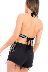 Black Multi Coloured Crochet Bralet with Thread Tassels - Elodia-Bralets