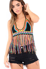 Black Multi Coloured Crochet Bralet with Thread Tassels - Elodia-Bralets