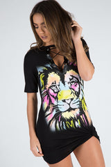 Black Multi Coloured Lion Print Lace Up T Shirt Dress - Lilly-Dresses