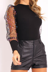 Black Multi Polka Puff Sleeve Top - Fronia-Tops