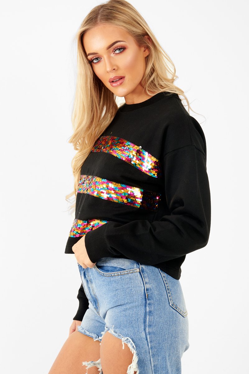 Black Multi Sequin Stripe Sweatshirt - Nadina-Sweatshirts