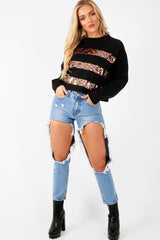 Black Multi Sequin Stripe Sweatshirt - Nadina-Sweatshirts