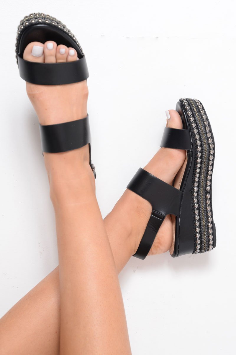 Black Multi Strap Stud Sole Platforms - Perley-Wedges