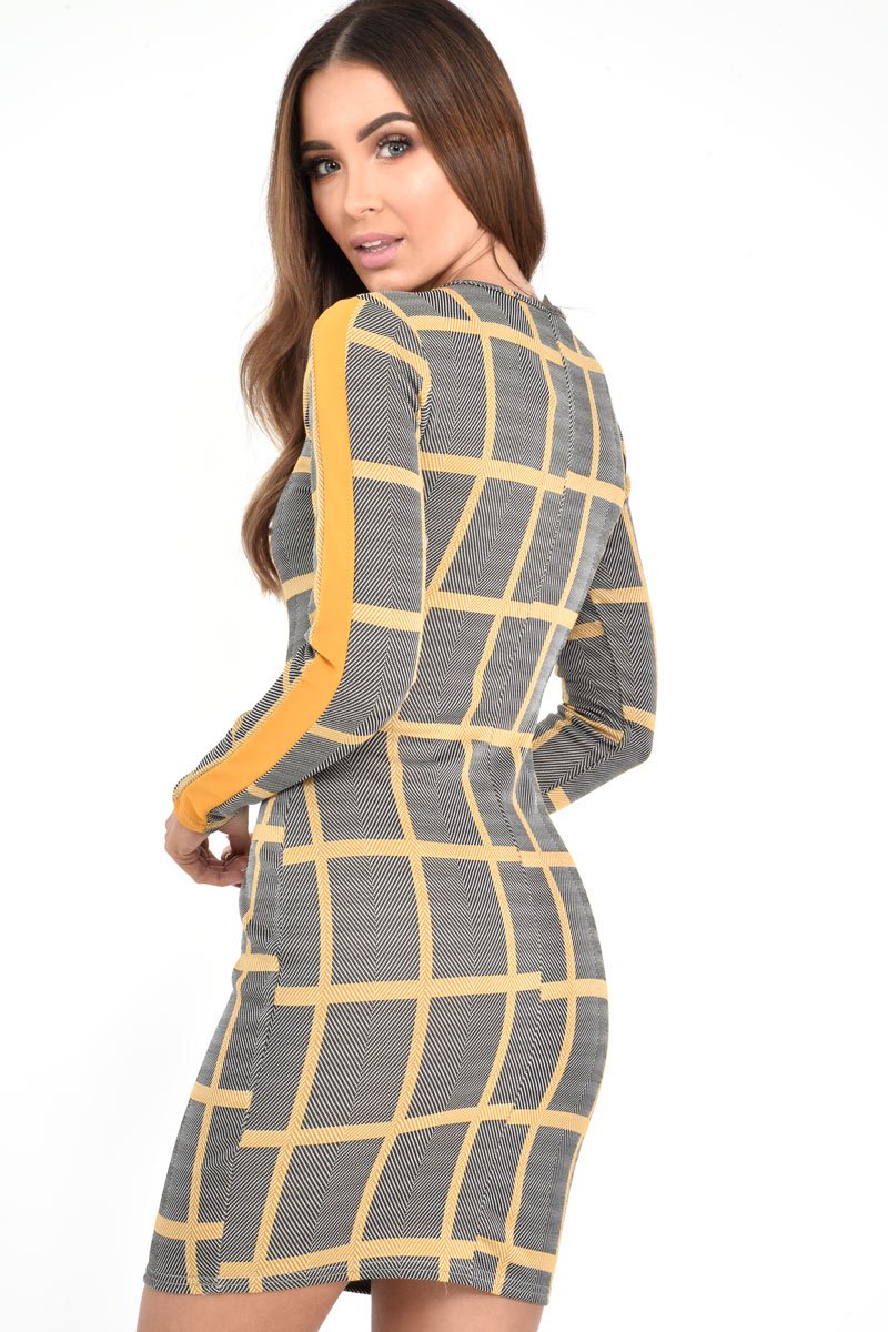 Black Mustard Check Long Sleeve Bodycon Dress - Jasmine-Dresses