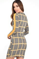 Black Mustard Check Long Sleeve Bodycon Dress - Jasmine-Dresses