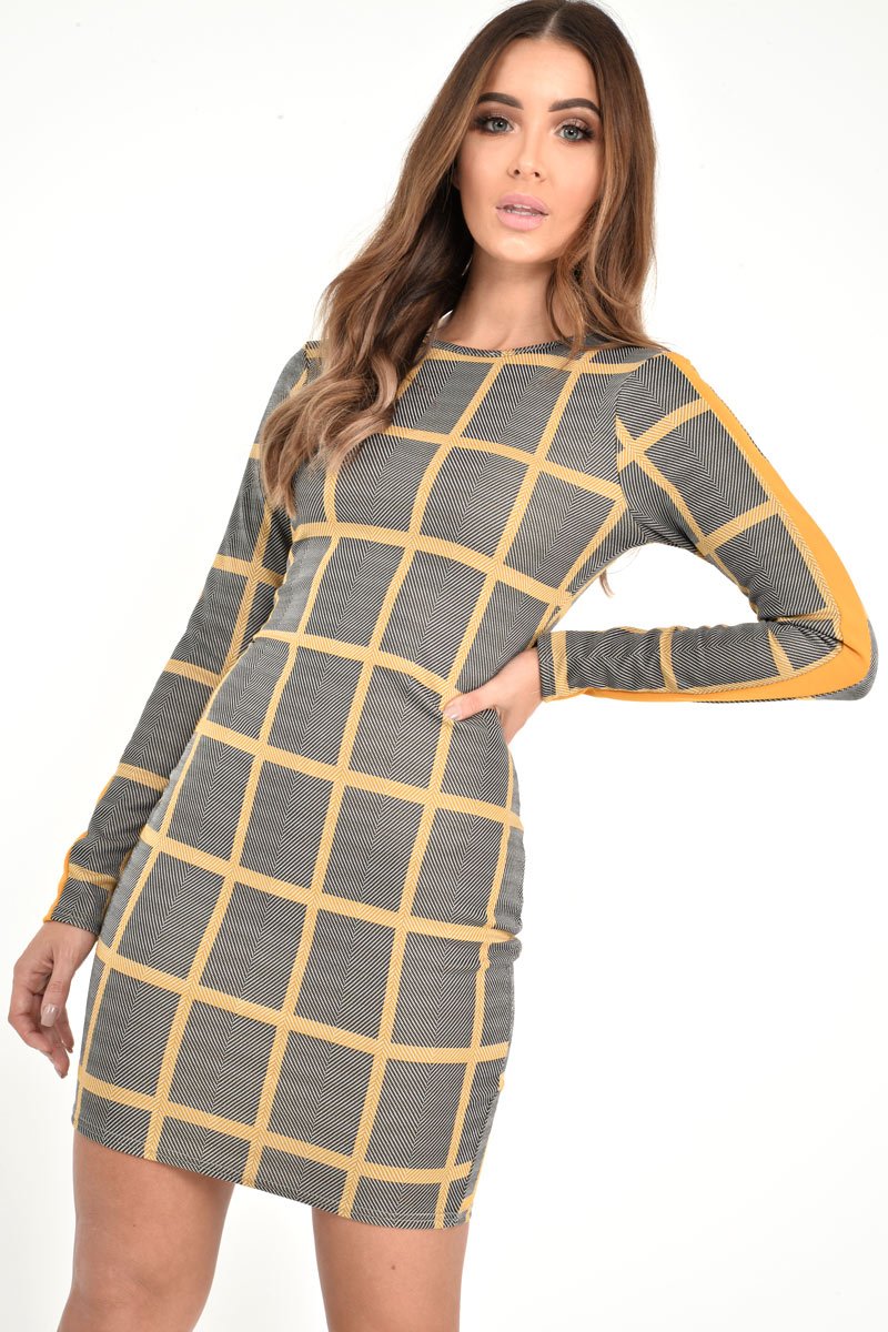 Black Mustard Check Long Sleeve Bodycon Dress - Jasmine-Dresses