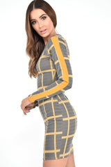 Black Mustard Check Long Sleeve Bodycon Dress - Jasmine-Dresses