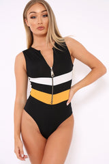 Black Mustard and White Chevron Zip Front Bodysuit - Elliani-Bodysuits