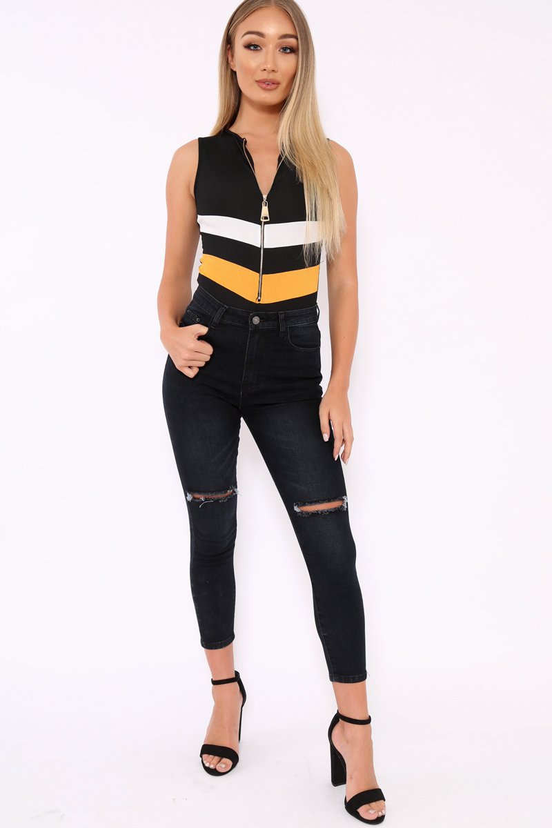 Black Mustard and White Chevron Zip Front Bodysuit - Elliani-Bodysuits