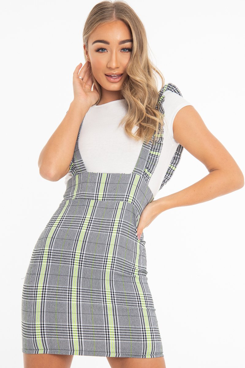 Black Neon Green Check Ruffle T-Shirt Underlay Dress - Stacy-Dresses