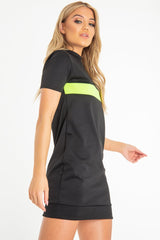Black Neon Green Stripe Detail T-Shirt Dress - Crystal-Dresses