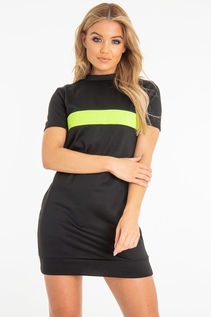 Black Neon Green Stripe Detail T-Shirt Dress - Crystal Rebellious Fashion Black Neon Green Stripe Detail T-Shirt Dress - Crystal Rebellious Fashion