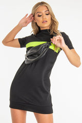 Black Neon Green Stripe Detail T-Shirt Dress - Crystal-Dresses