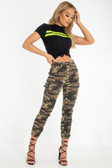 Black Neon Green Stripe Tie Front Crop T-Shirt - Britany-T-shirt