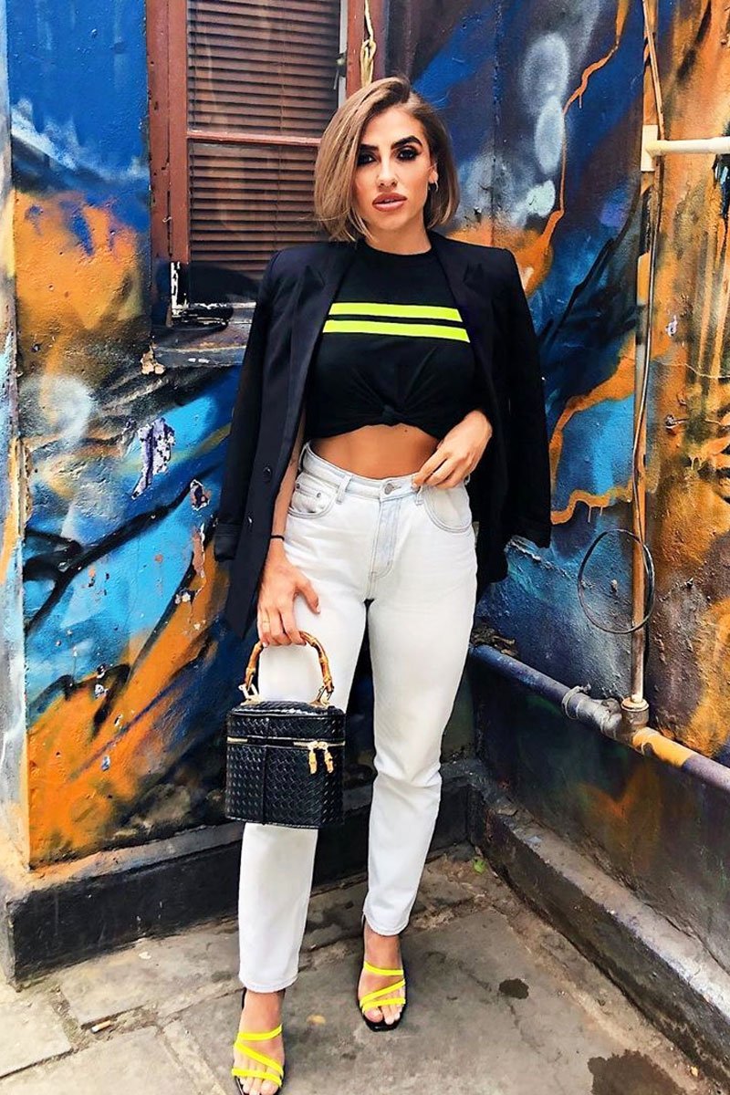 Black Neon Green Stripe Tie Front Crop T-Shirt - Britany-T-shirt