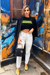 Black Neon Green Stripe Tie Front Crop T-Shirt - Britany-T-shirt