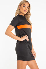 Black Neon Orange Stripe Detail T-Shirt Dress - Crystal-Dresses