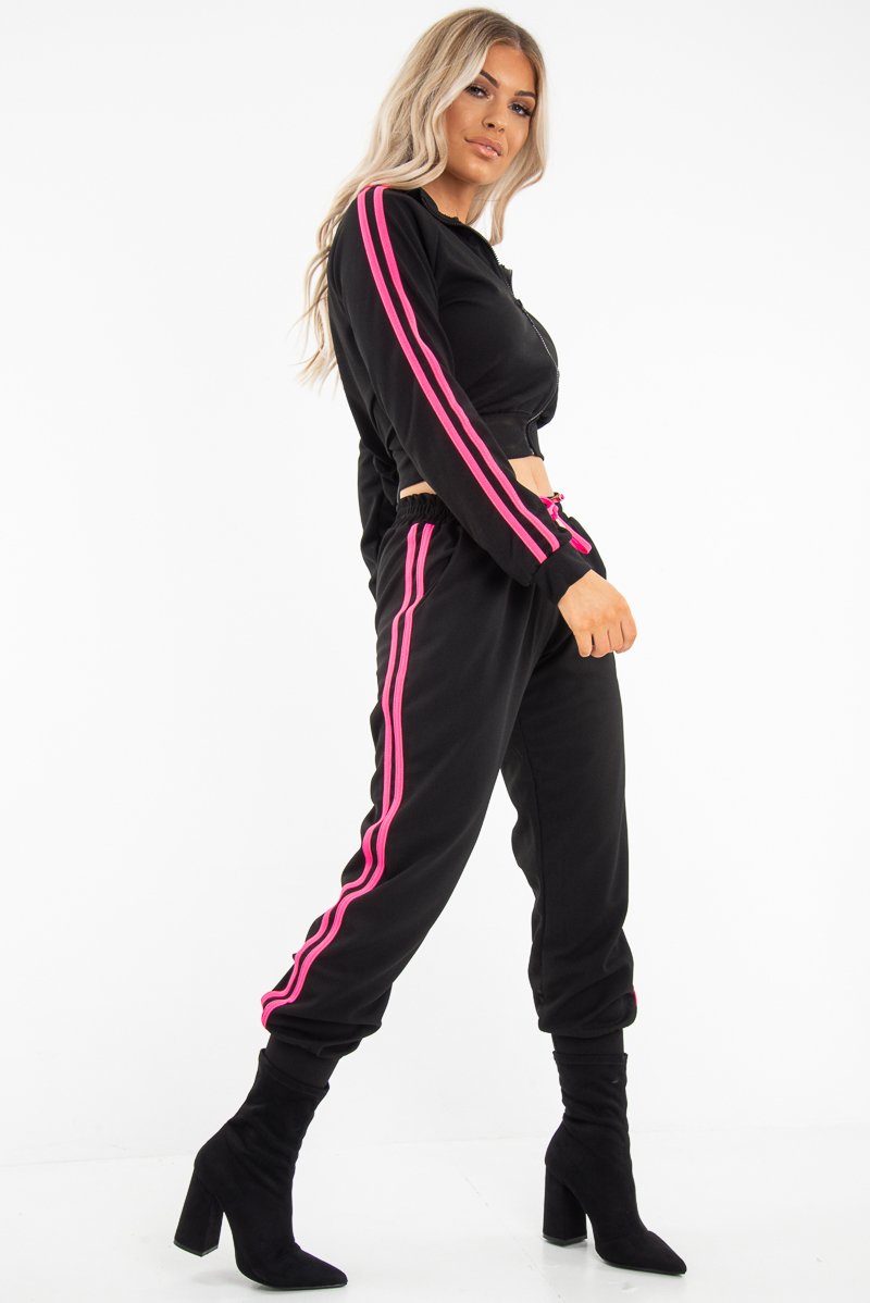 Black Neon Pink Double Stripe Tracksuit - Laurena-Tracksuits