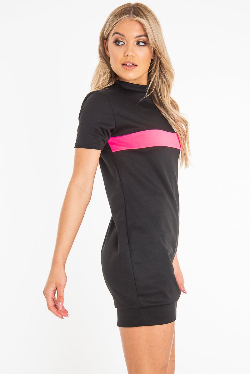 Black Neon Pink Stripe Detail T-Shirt Dress - Crystal-Dresses