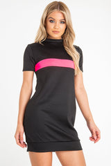 Black Neon Pink Stripe Detail T-Shirt Dress - Crystal-Dresses