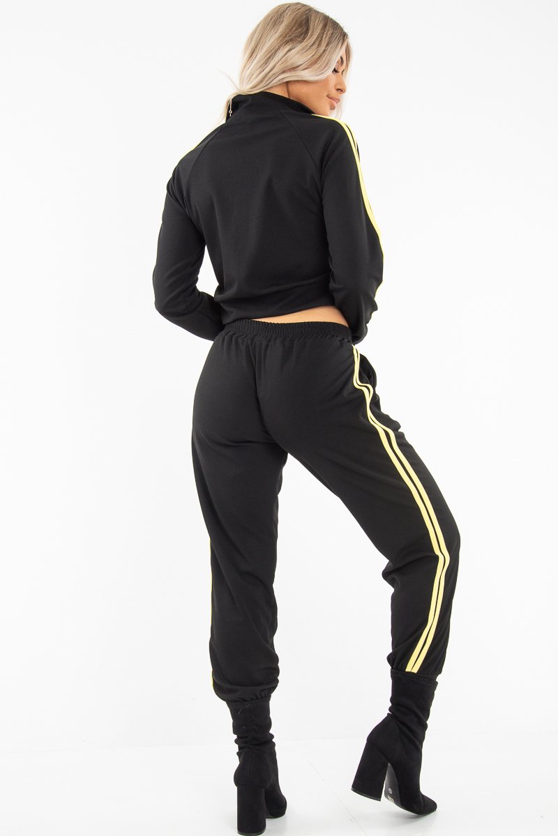 Black Neon Yellow Double Stripe Tracksuit - Laurena-Tracksuits