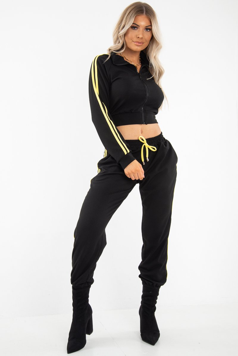 Black Neon Yellow Double Stripe Tracksuit - Laurena-Tracksuits