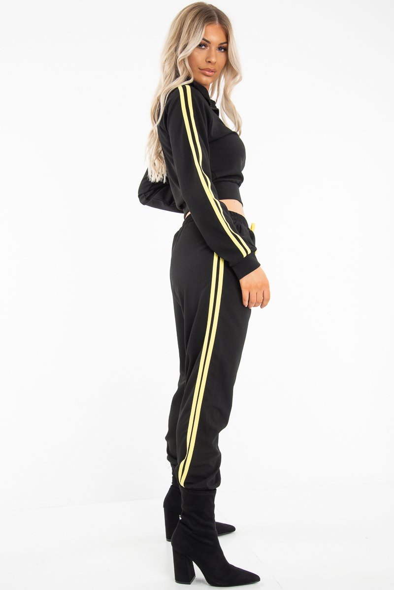 Black Neon Yellow Double Stripe Tracksuit - Laurena-Tracksuits