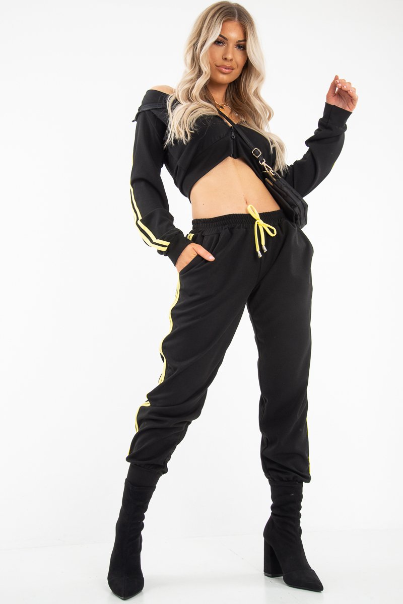 Black Neon Yellow Double Stripe Tracksuit - Laurena-Tracksuits