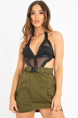 Black Net Bandage Plunge Cut Out Bodysuit - Madison-Bodysuits