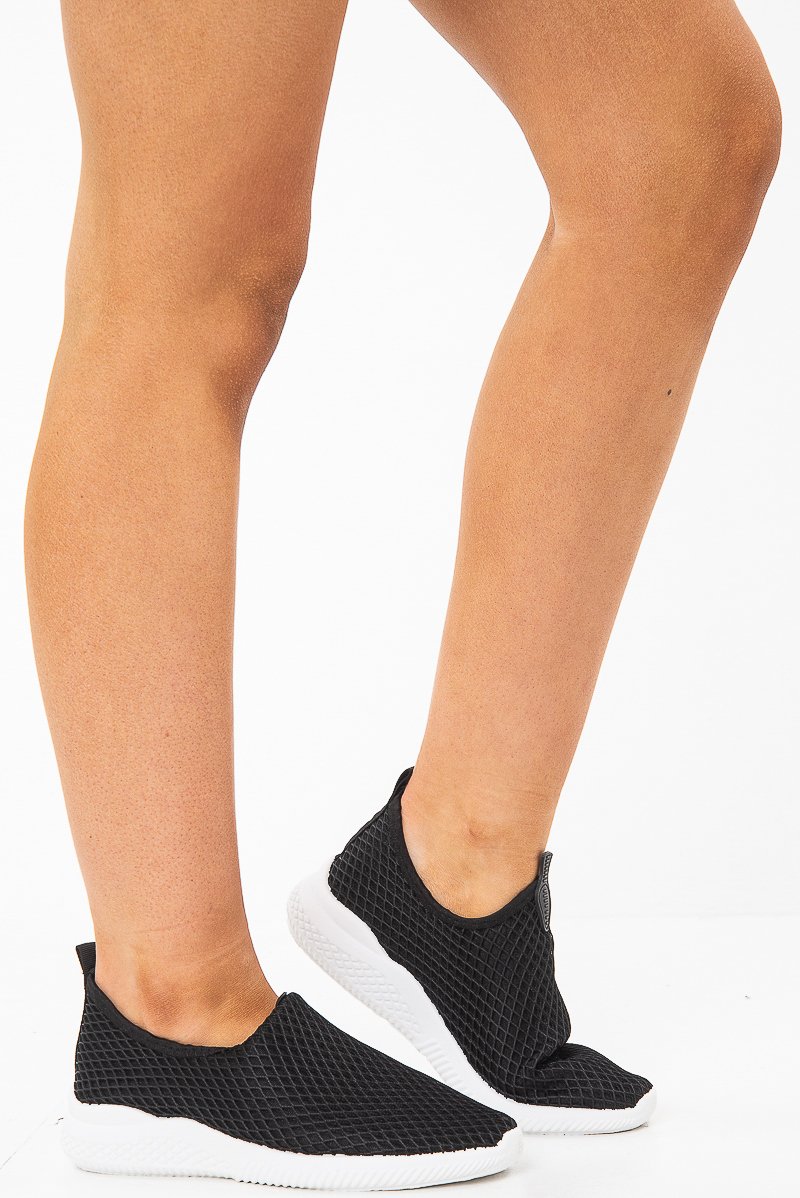 Black Net Overlay Contrast Sole Slip On Trainers - Lissandra-Trainers