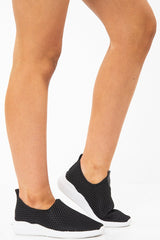 Black Net Overlay Contrast Sole Slip On Trainers - Lissandra-Trainers