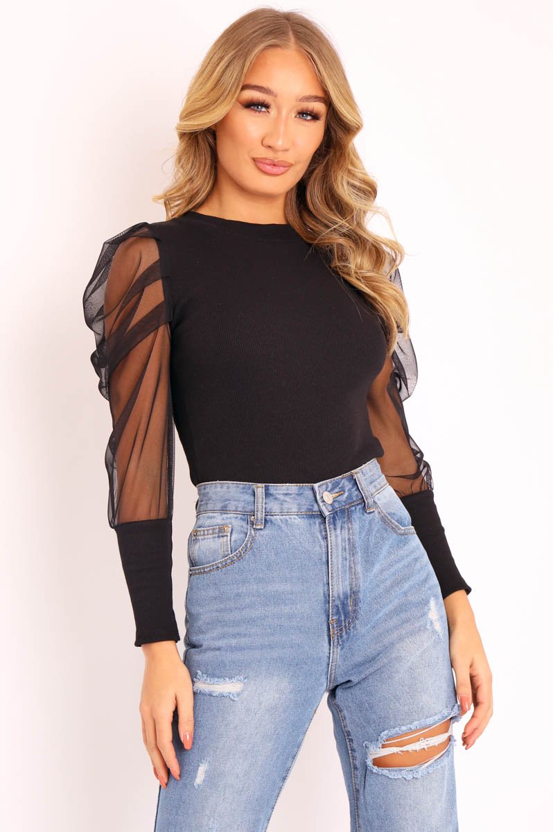 Black Net Puff Sleeve Ribbed Top - Aarvi-Tops