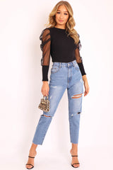 Black Net Puff Sleeve Ribbed Top - Aarvi-Tops